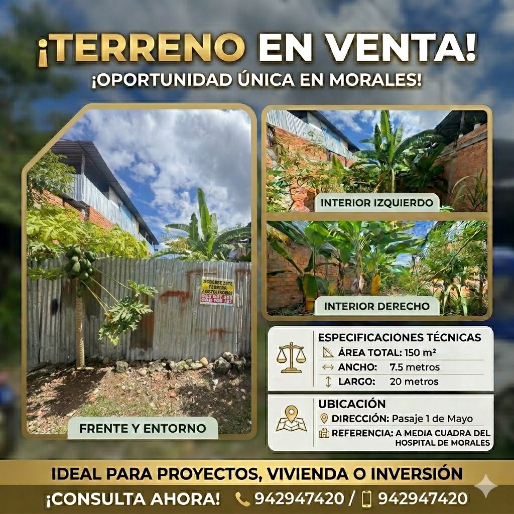 Se vende lote de 7.5 metros de frente por 20 metros de fondo, ubicado a tan solo media cuadra del Hospital EsSalud
